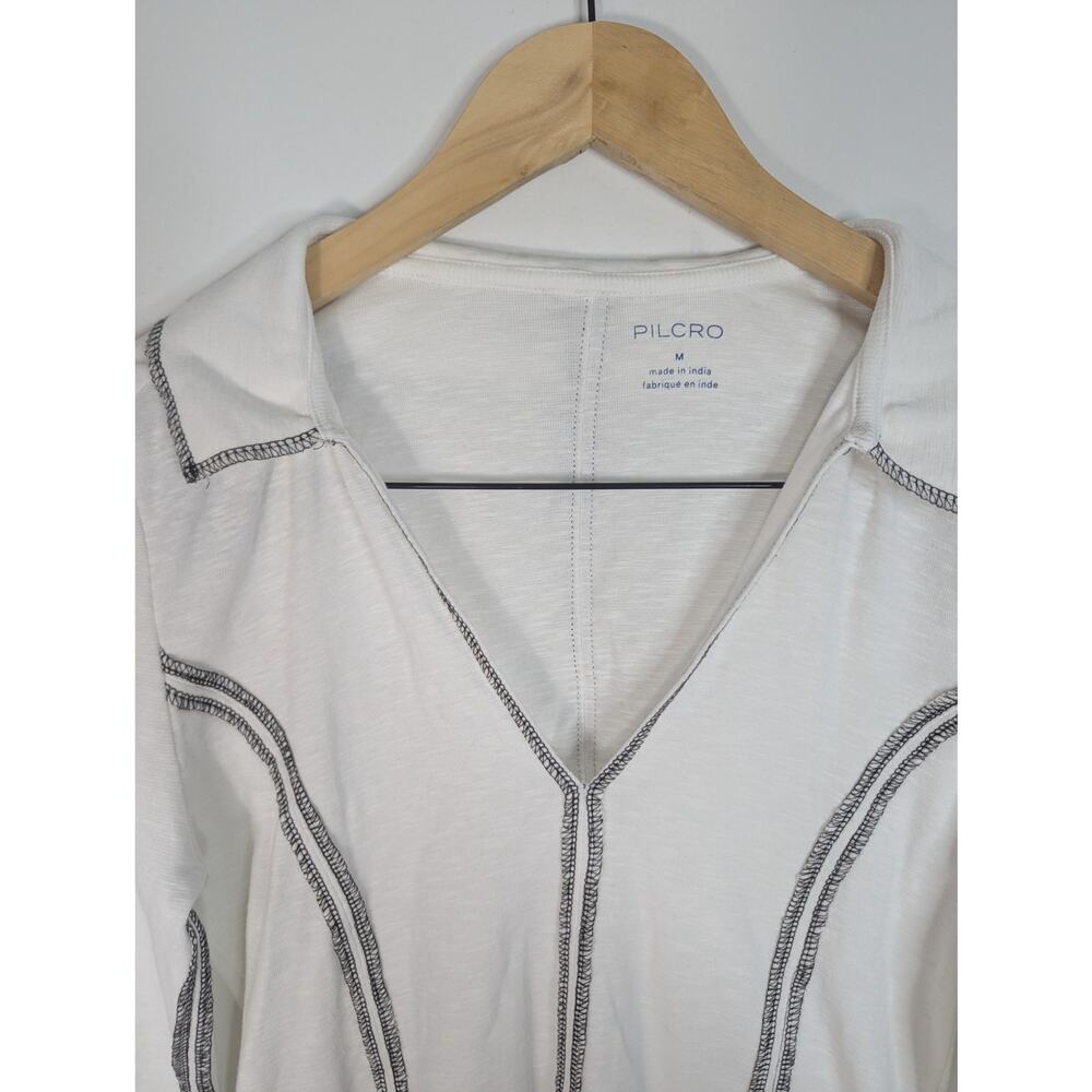 Pilcro Anthropologie White Black Stitched Collared Long Sleeve Top - Picture 5 of 12